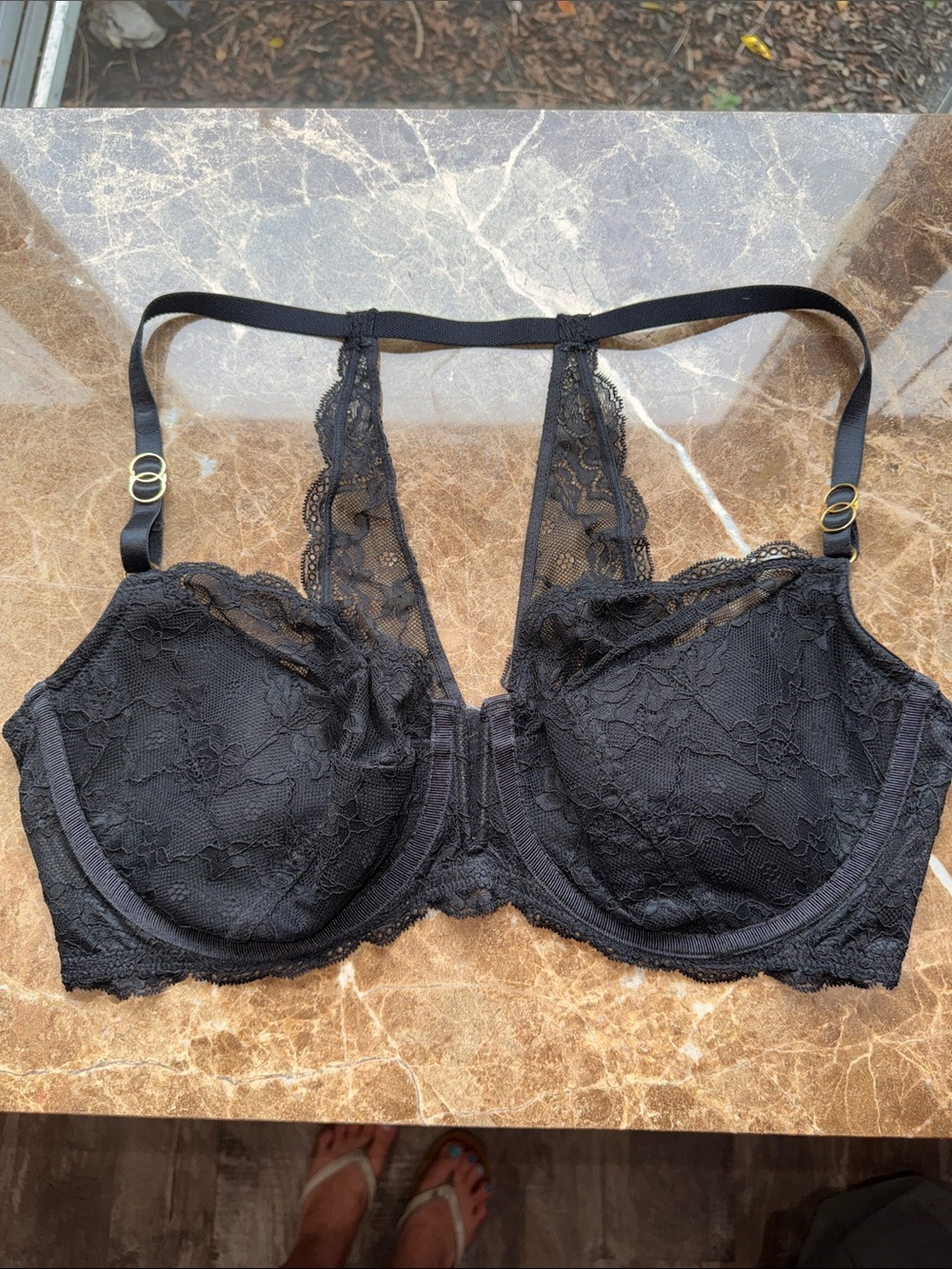 Cacique Black Lace Racerback Underwire Bra with Gold-Tone Rings